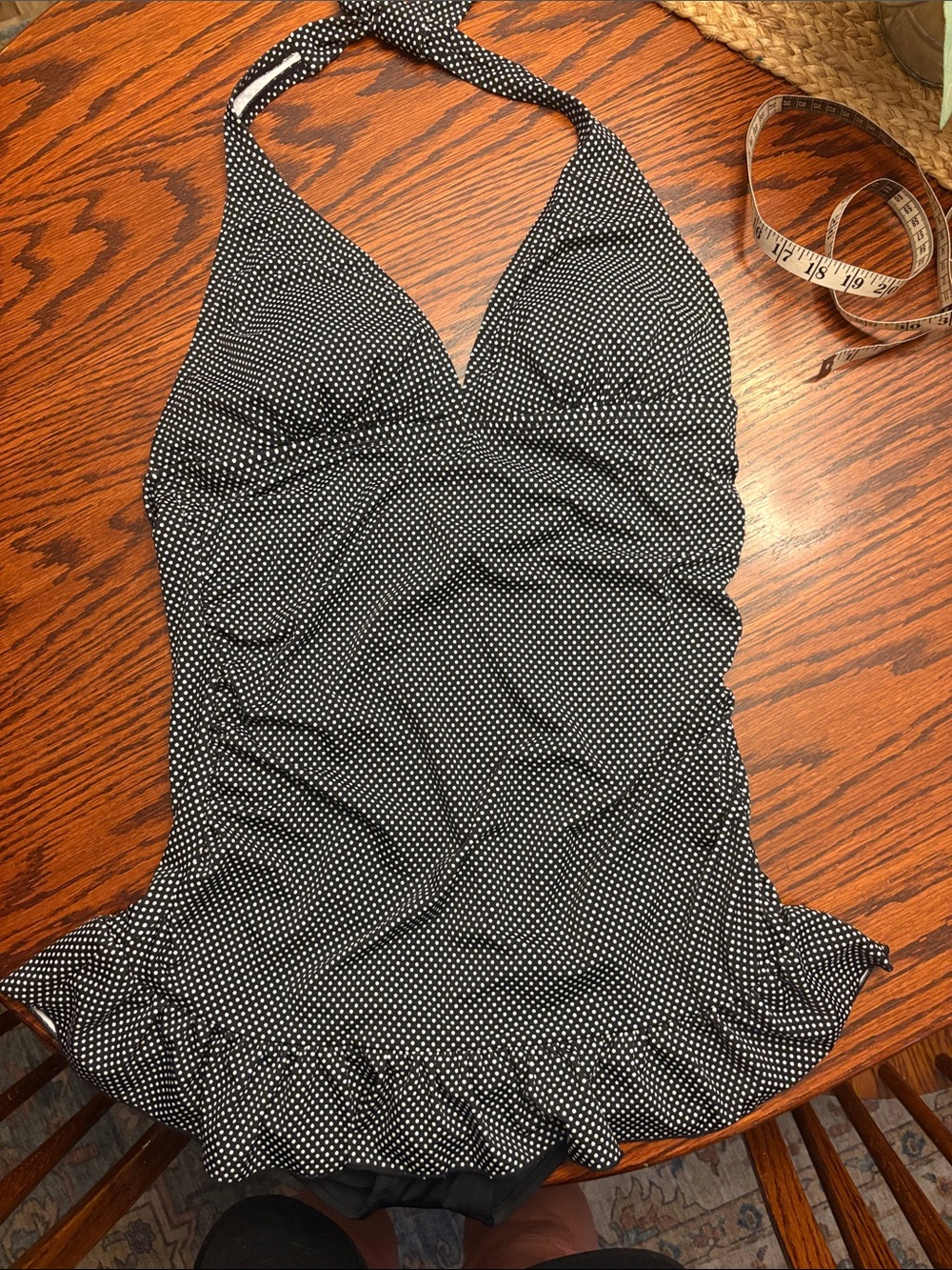 Black & White Polka Dot Halter Ruffle Swimdress